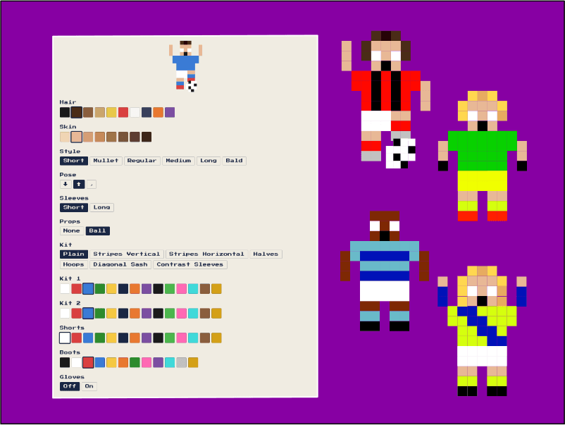 Screenshot of the avatar editor showing pixel-art character with kit and accessory options