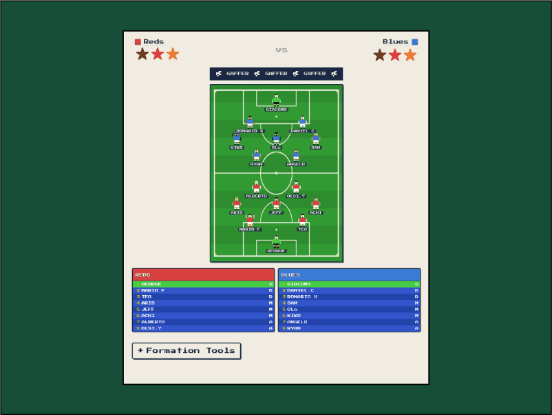 Screenshot of the team formation view with players positioned on a football pitch diagram