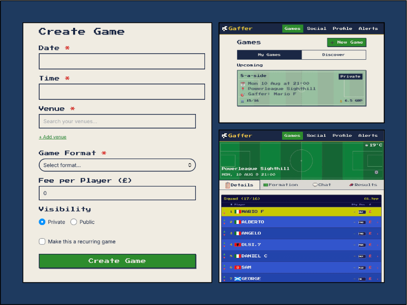 Screenshot of the game creation form showing venue selection, date picker, and player slots